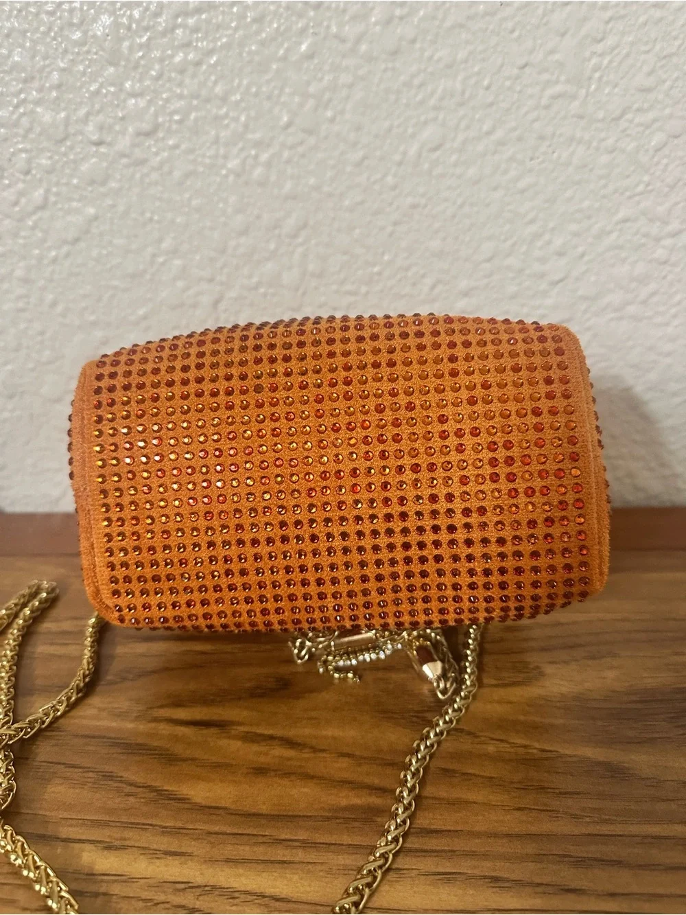 Orange Crystal-Embellished Bucket Bag with Gold Chain Handle
